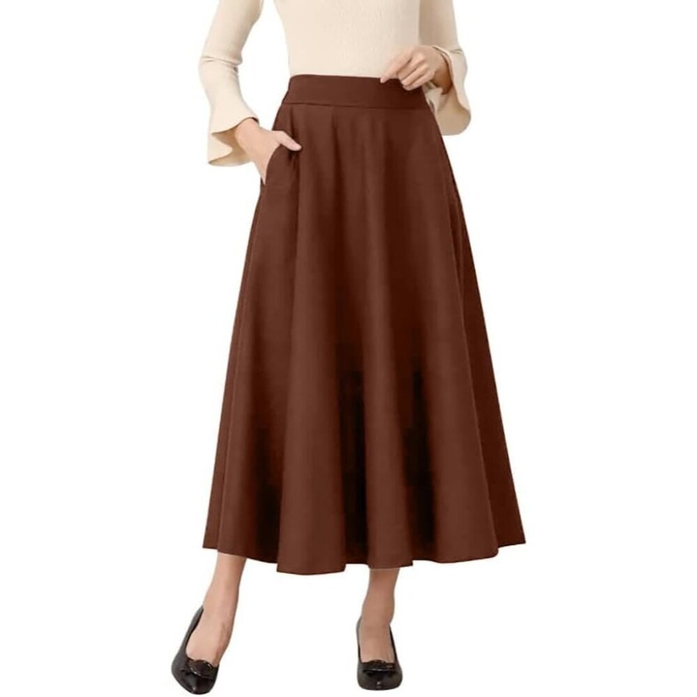 Womens LongPure CoffeeElastic Waist A-Line Pleated Tartan Long Plaid Wool Skirts